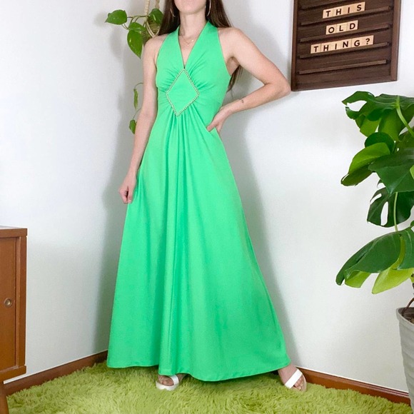 70s Vintage Kelly Green Faux Pearl Detailed Maxi Gown - Picture 1 of 4